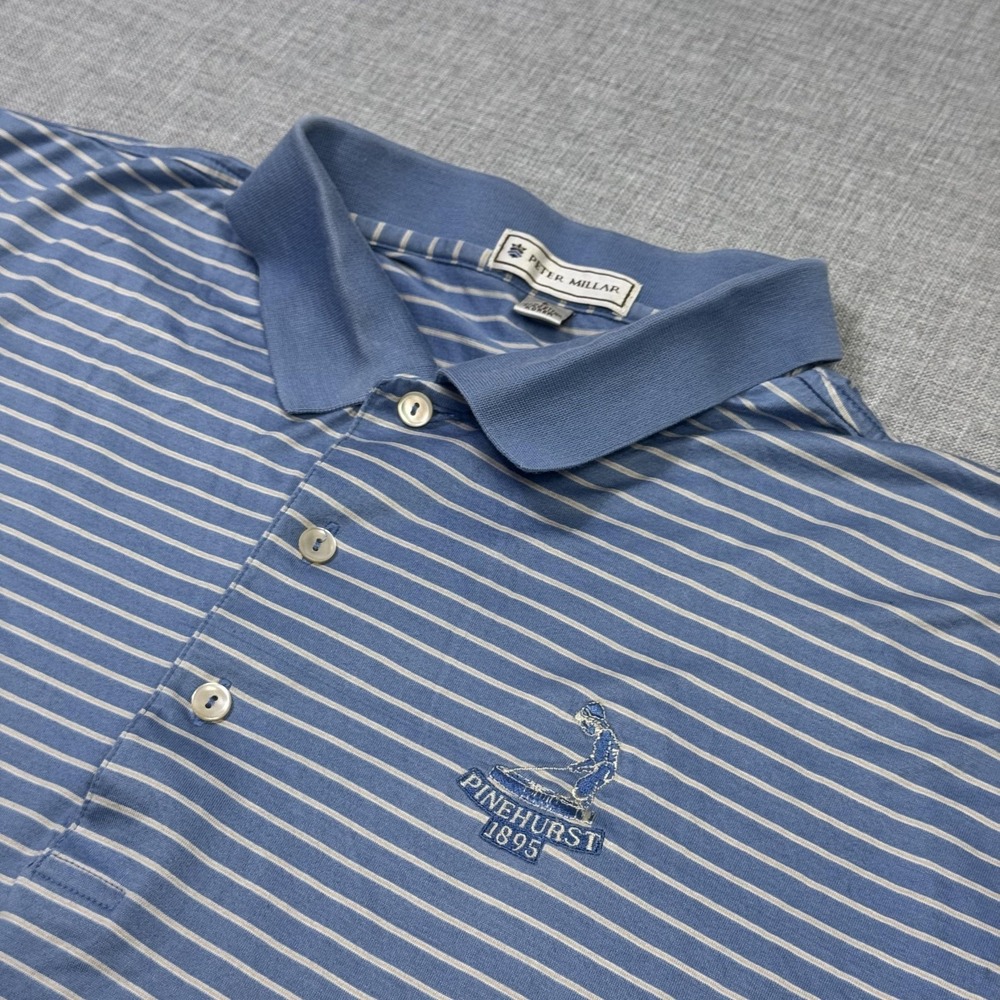 Peter Millar Pinehurst Golf Polo Shirt Mens L Blue Cotton Striped Short Sleeve